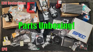 E30 Restoration EP8 | Massive Parts Unboxing! (ECU Masters, R134a Conversion, SLR, Chase Bays, MSD)