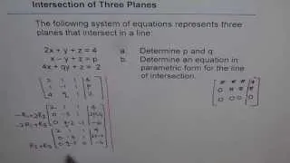 VECTORS: Find Variables p and q so That 3 Planes Intersect in a Line Row Echelon Form