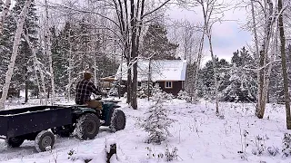 First Snowfall Of 2023 At Our Off Grid Cabin In The Woods: Firewood, Peeling Logs