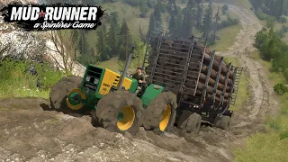 Spintires MudRunner Buhrer 6105 Tractor with a large trailer driving uphill