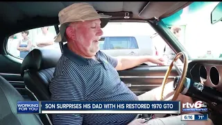 Son surprises dad with his restored 1970's Pontiac GTO at Greenwood classic car hangout