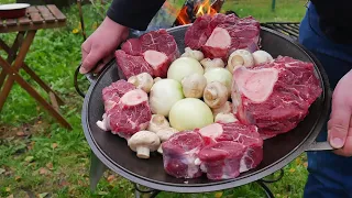 HOW TO MAKE THE HARDEST MEAT SOFT. BEEF with mushrooms. RECIPE for beef shanks.