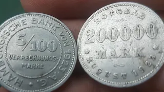 Монеты Германии город Гамбург 1923 года 1/100 Марки, 5/100 марки, 200000 марок ОБЗОР