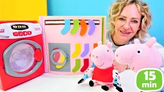 Çocuklar için Peppa Pig oyuncak videoları. Etkinlik kitabı, doktor oyunu ve yapboz