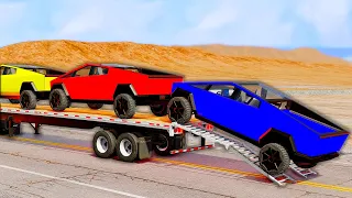 Flatbed Trailer Tesla Cybertruck Cars Transportation with Truck - Pothole vs Car #007 - BeamNG.Drive