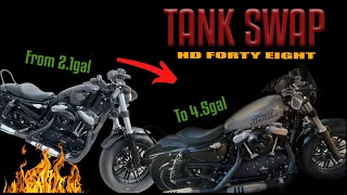 Harley Davidson forty eight 48 2016 tank swap 2.1 to 4.5 gallon.