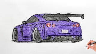 How to draw a NISSAN GT-R R35 / drawing a 3d car / coloring nissan gtr r 35 liberty walk 2007