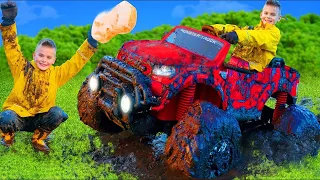 Monster Truck toy car story for kids - They learn to wash cars