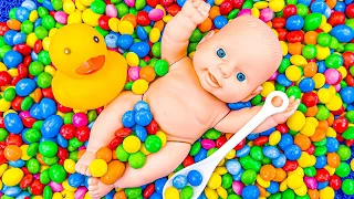 Satisfying Video | Make Rainbow Candy Skittles Mixing in Pool with Kinder Surprise Eggs & Duck ASMR