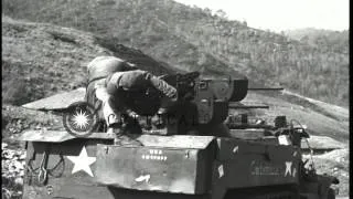 Soldiers fires Quad .50 Caliber Machine Gun targeting on hill and M4 Sherman Tank...HD Stock Footage