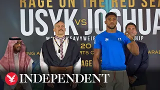 Watch again: Anthony Joshua and Oleksandr Usyk tip the scales ahead of world title rematch