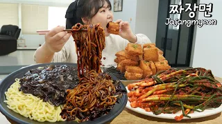 Home-made Black Bean Noodles with green onion Kimchi, Menbosha😋🦐Mukbang🍜