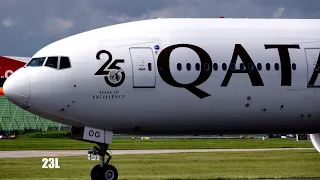 Qatar Airways A7-BOG 25 Years Of Excellence Sticker Boeing 777-3ZG ER QR28 Takeoff Manchester - Doha