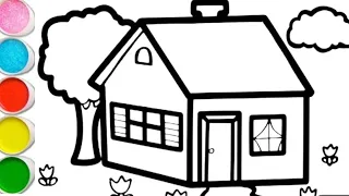 how to draw cute house with trees sunlight /Easy house drawing and colour for kids and toddlers