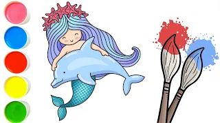 Mermaid with Dolphin Drawing and Coloring | Easy Drawing and Coloring for Kids