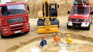 Caminhão basculante com escavadeira e caminhão de bombeiros para construir piscina