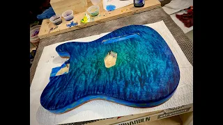 Teal Blue Black Burst Over the Treated Flame Maple Tele Guitar Top & Paulownia Back Demo 6:30 Dying