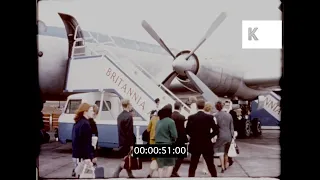 1960s UK, Travellers Boarding Britannia Airways Plane, Travelogue, 16mm