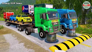 Double Flatbed Trailer Truck cars vs rails tractor vs train cars vs bollards Beamng Drive 391