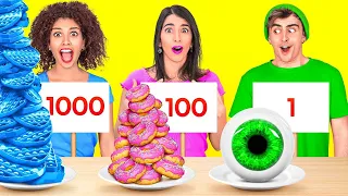 SIN manos VS. 1 mano VS. 2 manos. RETO DE COMIDA DE COLOR. 100 capas de comida por 123 GO! CHALLENGE