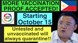 LATEST QUARANTINE AND TESTING IN PHILIPPINES | MORE VACCINATION PROOF TO BE ACCEPTED ON OCTOBER 15