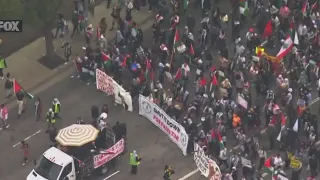 Large group pro-Palestine protesters march in Westwood