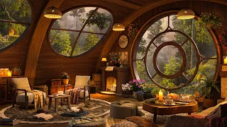 🍀 Cozy Hobbit Jazz at Coffee House - Rainy Jazz at Dreamy Forest with Fireplace For Relax, Work