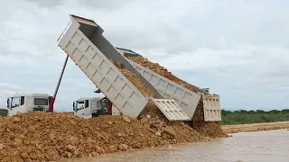 Amazing road building mighty machines Komatsu d58E vs Dump truck push spreading rock stone mix soil