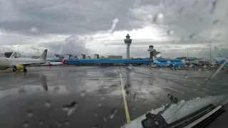 4K Hyperlapse. Amsterdam Schiphol (AMS/EHAM), arrival through heavy rain. ILS approach rwy 18R.