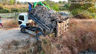 Starting New Project Landfill With Komatsu D31P Bulldozer Pushing Dirt And 5Ton Truck Unloading Dirt