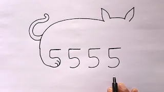 How To Draw Cat With 5555 Number | Cat Drawing Tutorial Simple