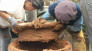 Ferrocement Gourd on carved tripod - the lid gets plastered in.