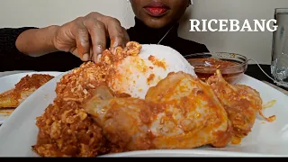 ASMR : Fufu Rice , Egg Soup , Stew  Chicken