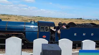 Dungeness station on the Romney Hythe and Dymchurch railway,  No. 6 'Samson' arrives from Hythe.