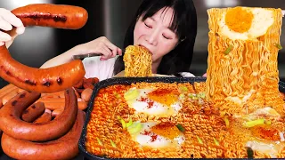 매콤한 열라면🍜  뽀드득 대왕 킬바사 소세지 + 그릴후랑크  비엔나까지 먹방  🔥 ㅣ라면 먹방 ㅣSpicy Noodles & Giant Kielbasa Sausage MUKBANG