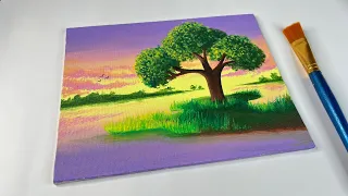 Evening Landscape & Tree - Acrylic painting | Landscape Painting | Canvas Painting by Akash