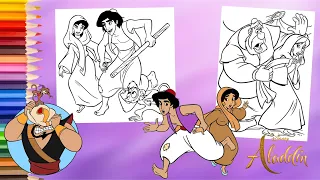 Disney Princess Jasmine Stealing Apple - Aladdin & Abu Running - Coloring Pages