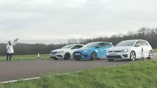 Ford Focus RS vs A45AMG vs Golf R - Top Gear Drag Races