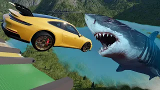 Cars Jump into Scary Sharks - BeamNG.drive