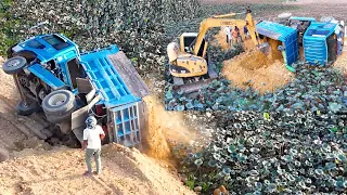 Incredible!Dump Truck 5Ton unloading Soil overturned Helping recovery by Small Excavator & Dozer