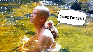 Monkey TaTa #7 | Baby monkey first time swimming in waterfalls with dad