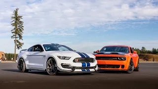 GT350R goes off track trying to gap a Hellcat Redeye | TRACK BATTLE! (Race)