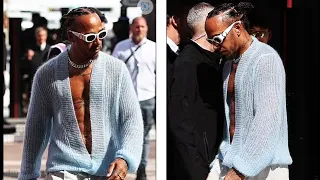 Lewis Hamilton bares his sculpted torso in a knitted blue cardigan