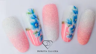 Gel polish ombre with sugar, flower nail art, gel painting, nail art trends. Gel nail art flowers