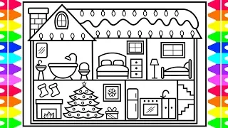 How to Draw a Christmas House with Decorations 🎄❄️❤️💚Christmas Drawing and Coloring Pages for Kids