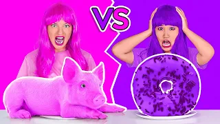 24 STUNDEN LANG NUR EINFARBIGE SACHEN ESSEN! Wer zuerst aufgibt: Pink VS Lila mit 123 GO! CHALLENGE