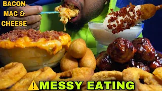 ⚠️MESSY EATING 🤤RANCH SAUCE CHEESY BACON MAC & CHEESE CORN DOGS, CHIPOTLE BBQ CHICKEN