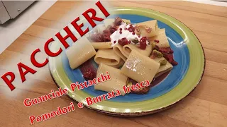 PACCHERI CON GUANCIALE BURRATA POMODORINI E PISTACCHI