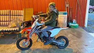 My Sons 1st Dirt Bike!!!! 17’ KTM 50 SX For His 8th Birthday Present, Sound Check and First look!