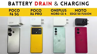 (5G) BATTERY Drain & CHARGE Test | POCO F6 vs POCO X6 Pro vs OnePlus Nord CE4 vs Moto Edge 50 Fusion